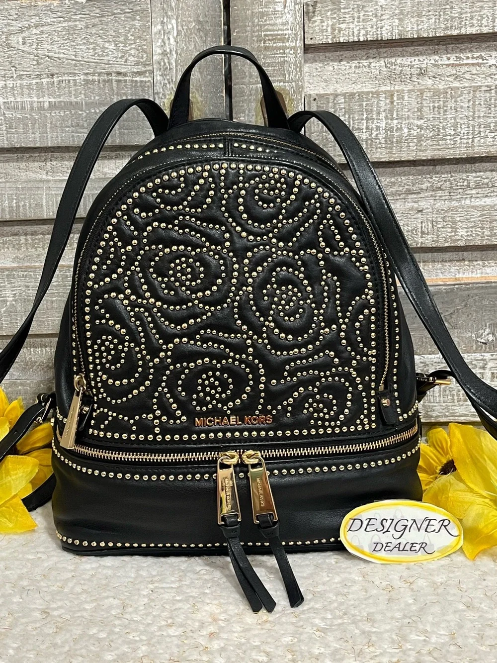 Michael Kors Rhea Rose Studded Black Leather Backpack VGC!